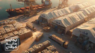 نمای هوایی بندر و انبار نهادههای دامی تجارت دانه کیهان؛ بارگیری و توزیع ذرت و کنجاله سویا وارداتی در ایران